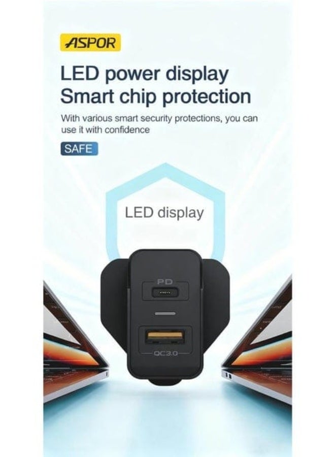 Aspor A857 50W High-Speed Charger with Dual USB + AC Port & LED Indicator - Image 5